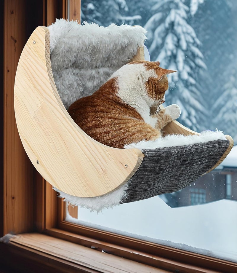 HAPYKITYS Window Cat Beds with Ultra Plush Hammock, Moon Shelves Mounted with Strong Suction Cups, Cat Window Seat for Overlooking and Sunbathing(Faux Wool Fur) - Image 3
